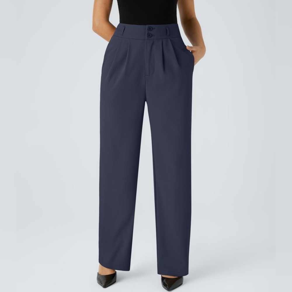 Halara High Waisted Button Zipper Side Pocket Shirred Straight Leg Work Pants R